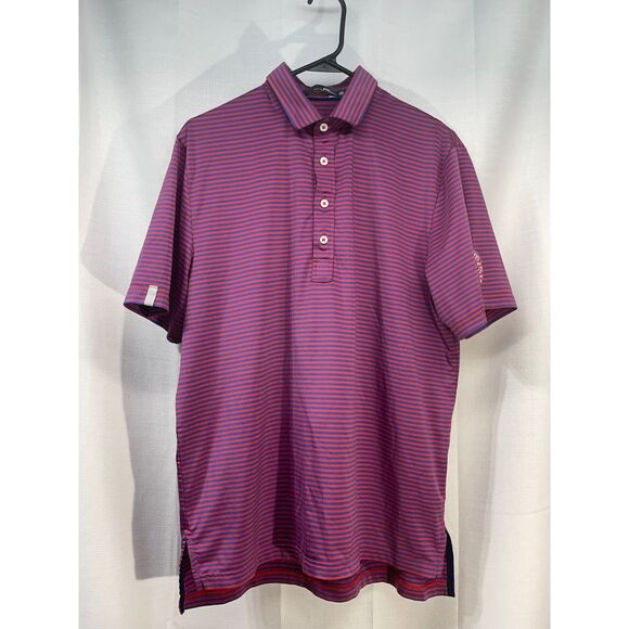 RLX Men's Golf Polo Red Blue Stripes Logo Size M EUC - Picture 2 of 7